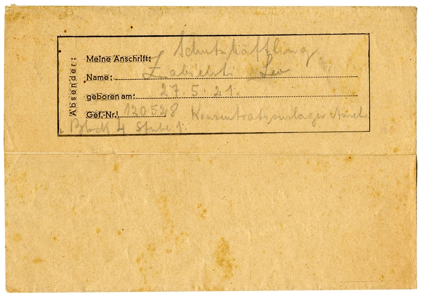 WWII Letter From a Prisoner at the Auschwitz Concentration Camp From 1943 -- With Auschwitz Censor Stamp and Postmark